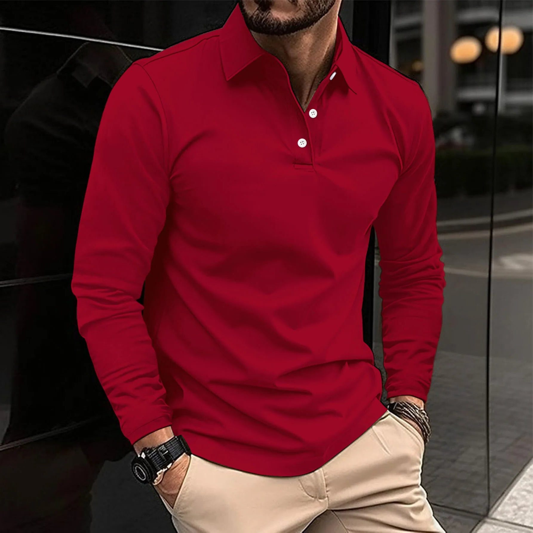 Long Sleeve Polo Shirt for Men - Red