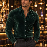 Long Sleeve Velvet Shirt with Collar for Men - Green
