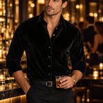 Long Sleeve Velvet Shirt with Collar for Men - Black