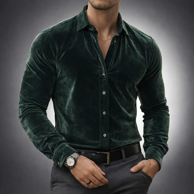 Long Sleeve Velvet Shirt with Collar for Men - View 5