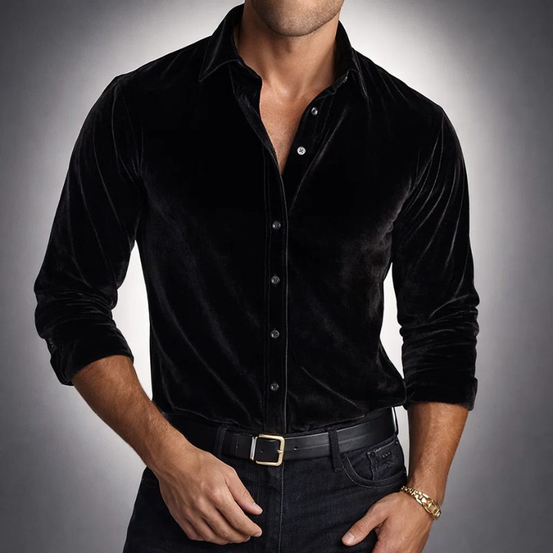 Long Sleeve Velvet Shirt with Collar for Men - View 6