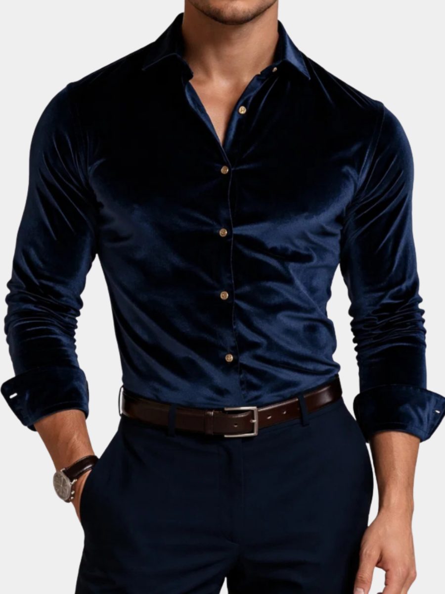 Long Sleeve Velvet Shirt with Collar for Men - View 7