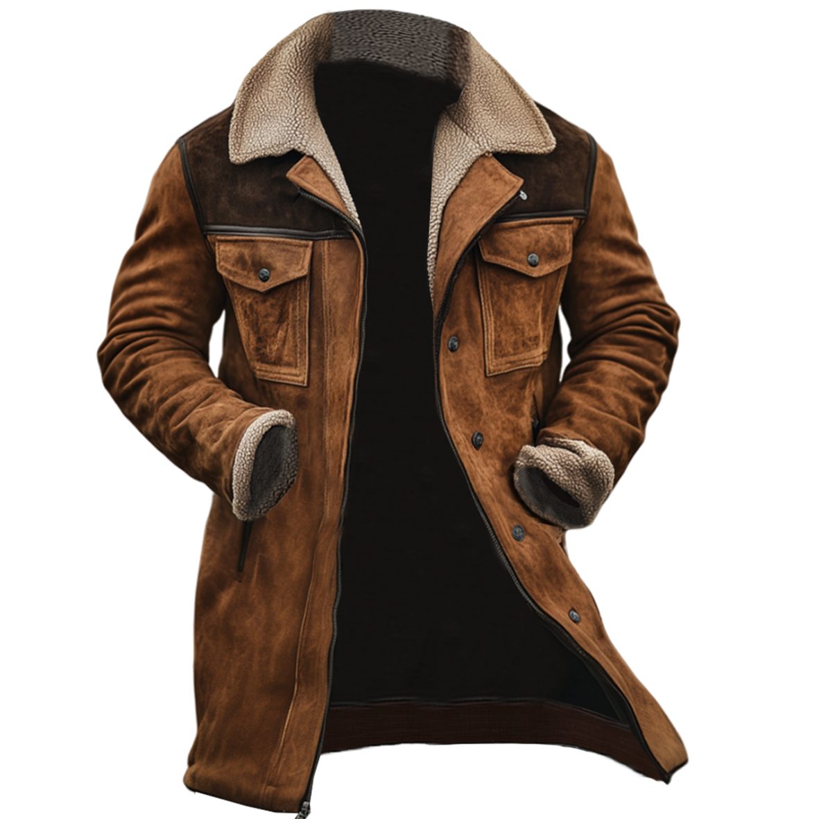 Long Winter Coat with Shearling Trim and Lapel Collar for Men