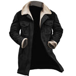 Long Winter Coat with Shearling Trim and Lapel Collar for Men - Black