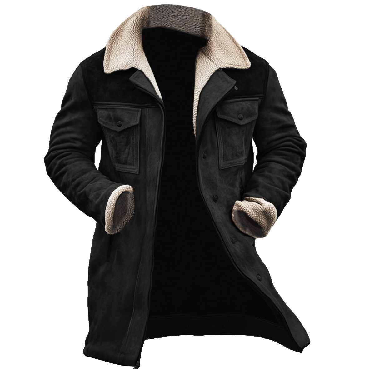 Long Winter Coat with Shearling Trim and Lapel Collar for Men - Black