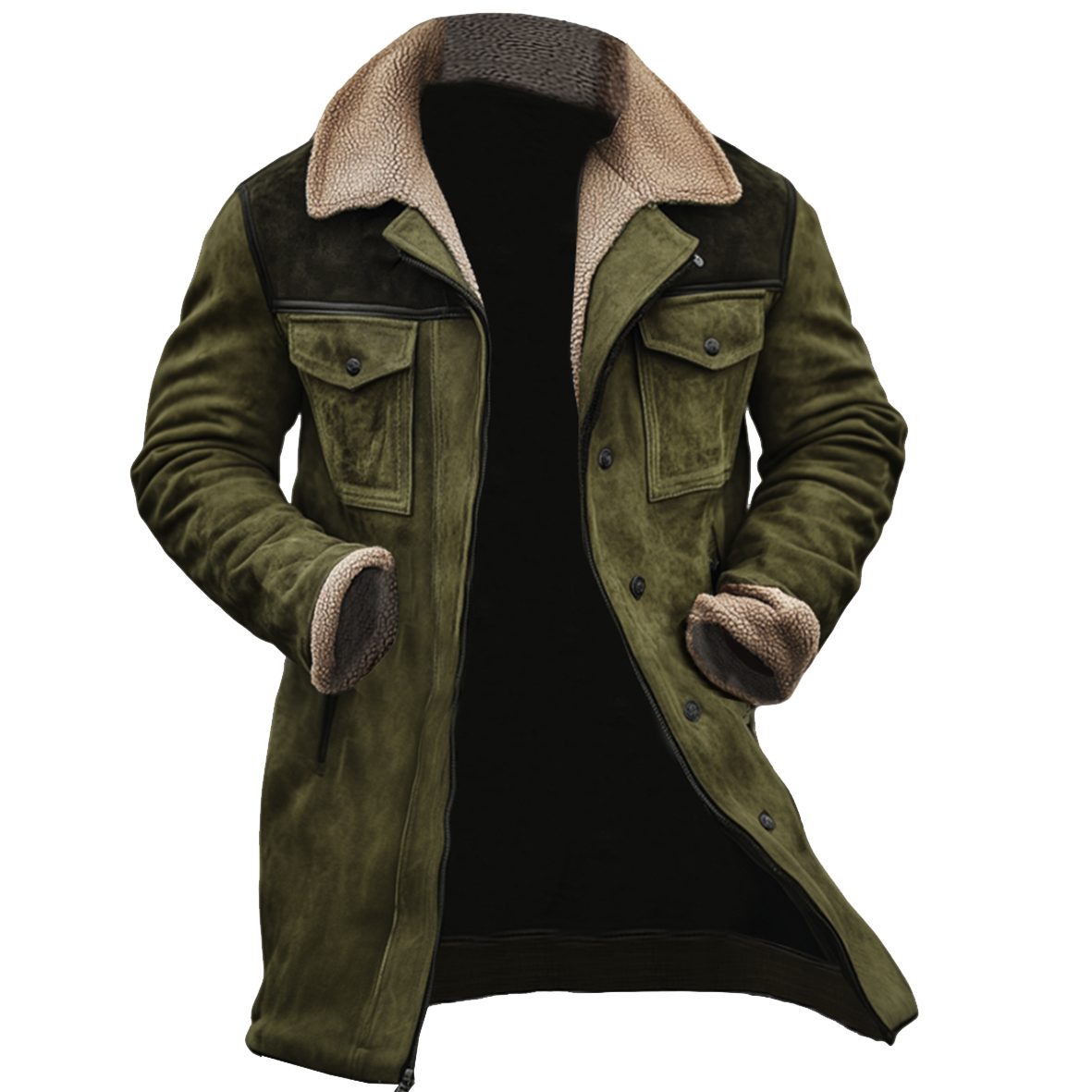 Long Winter Coat with Shearling Trim and Lapel Collar for Men - Green