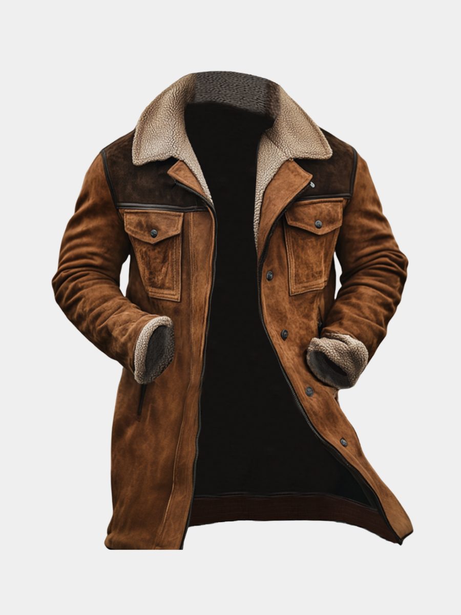 Long Winter Coat with Shearling Trim and Lapel Collar for Men - View 4
