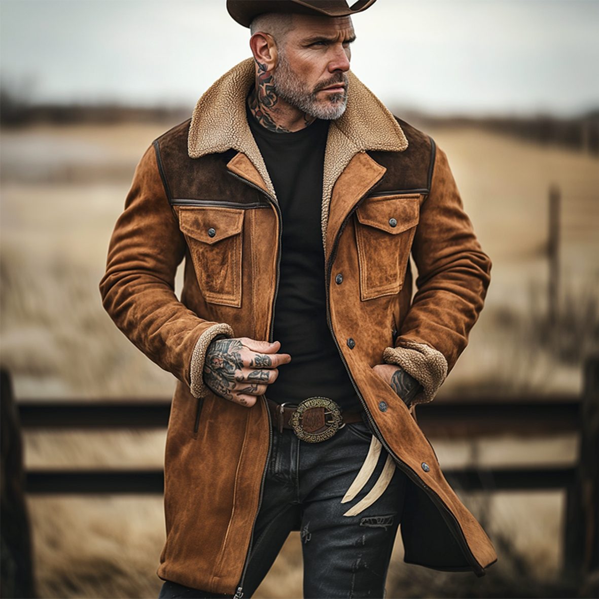 Long Winter Coat with Shearling Trim and Lapel Collar for Men - View 5