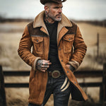 Long Winter Coat with Shearling Trim and Lapel Collar for Men - View 5