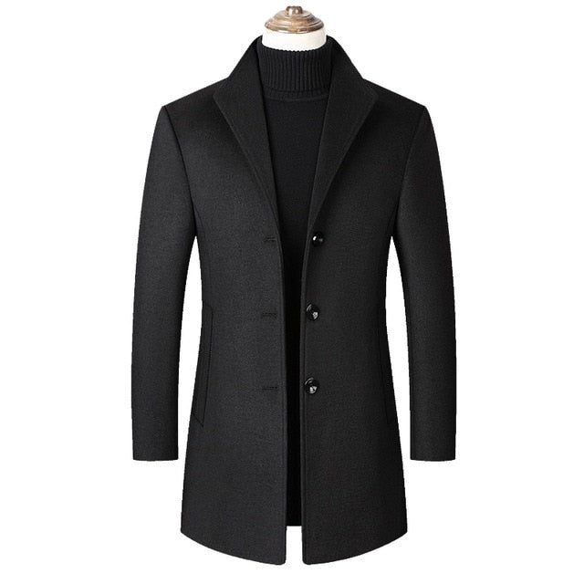 Long Wool Coat with Stand Collar for Men
