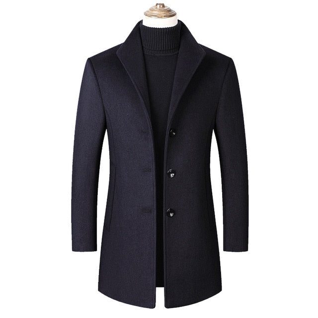 Long Wool Coat with Stand Collar for Men - Navy Blue