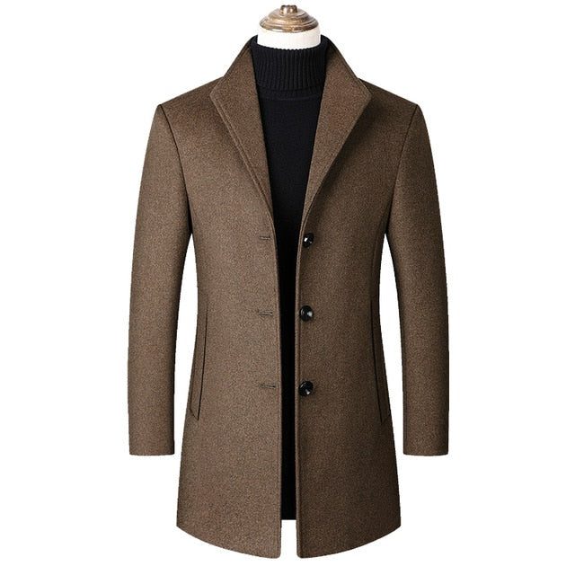 Long Wool Coat with Stand Collar for Men - Camel