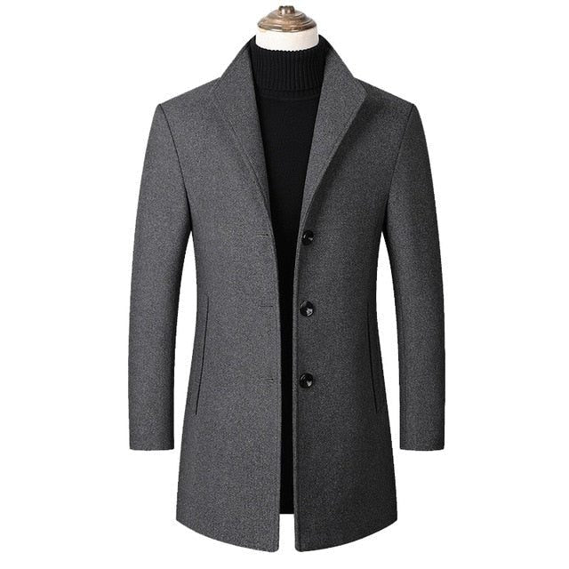 Long Wool Coat with Stand Collar for Men - Grey