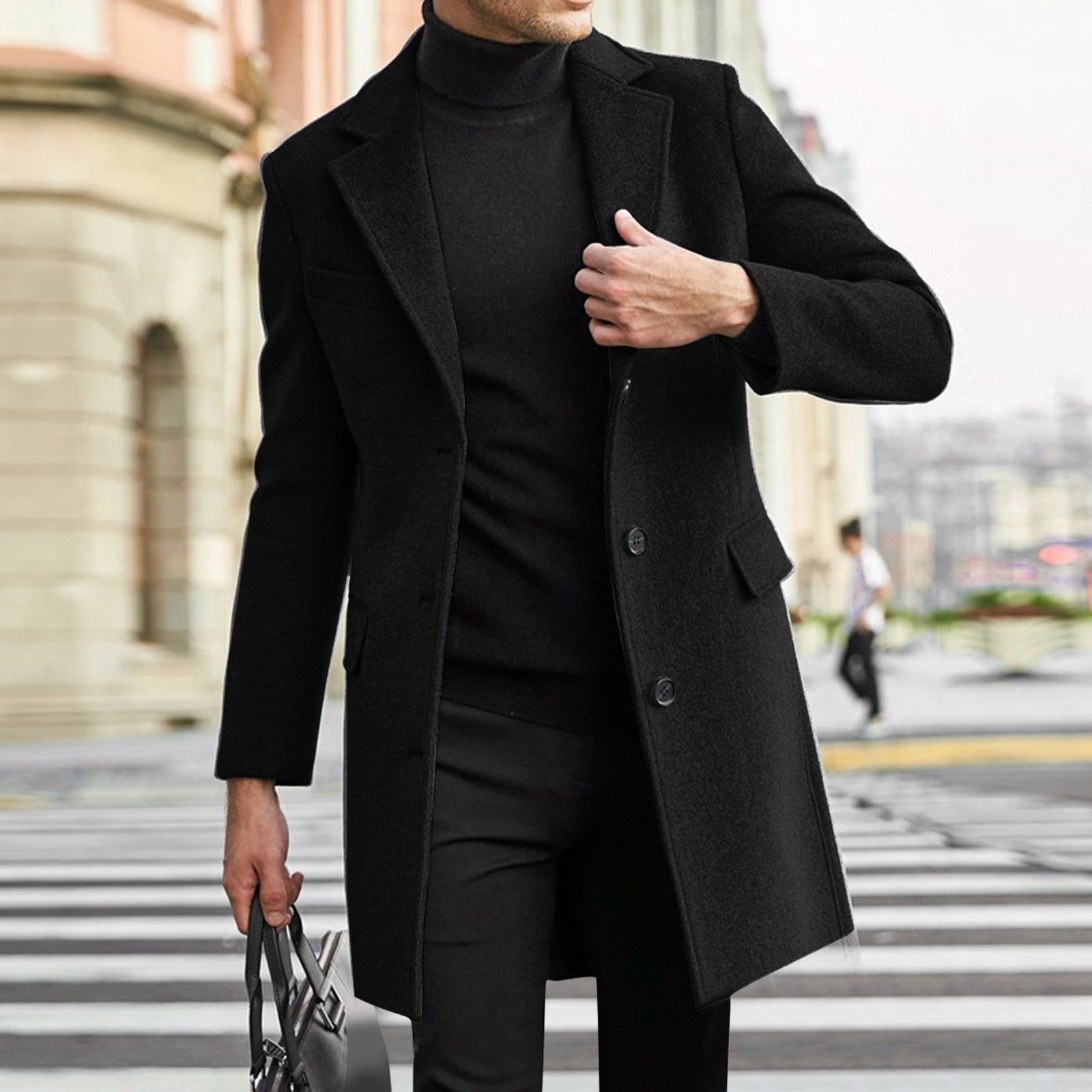 Long Wool Overcoat with Hidden Button Closure for Men - Schwarz