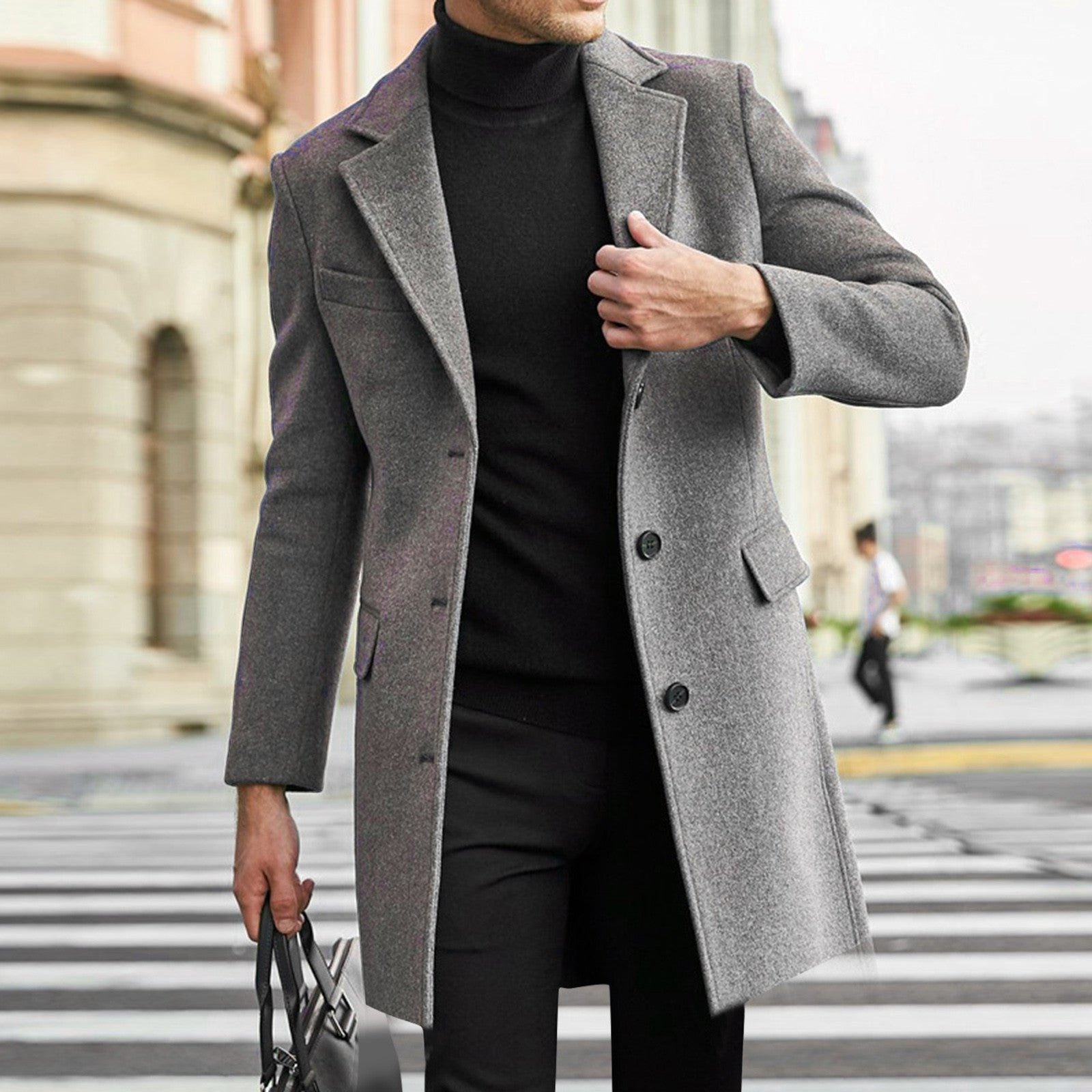 Long Wool Overcoat with Hidden Button Closure for Men - Grau