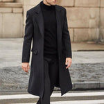 Long Wool Overcoat with Lapel Collar for Men - Schwarz