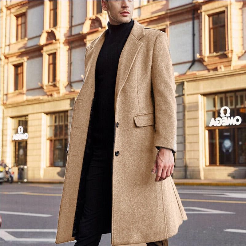 Long Wool Overcoat with Lapel Collar for Men - Khaki