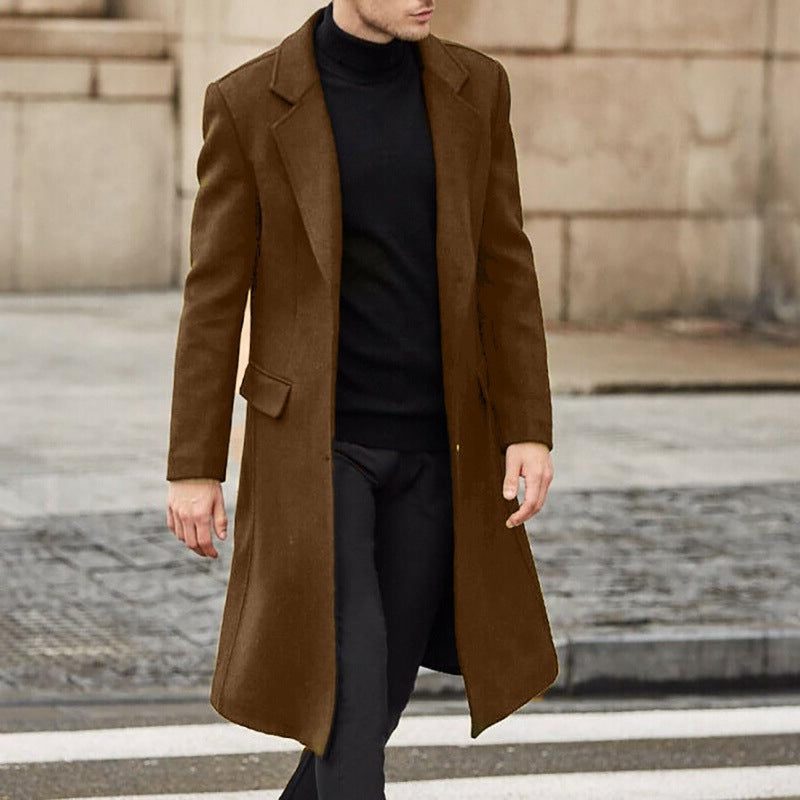 Long Wool Overcoat with Lapel Collar for Men - Dunkelbraun