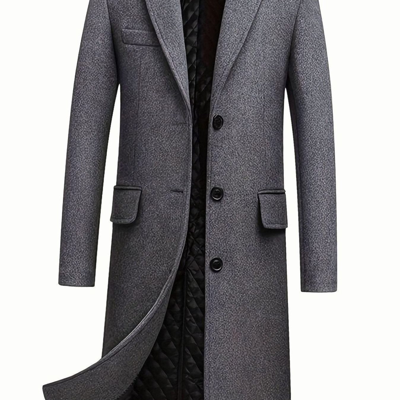 Long Wool Overcoat with Notch Lapel for Men