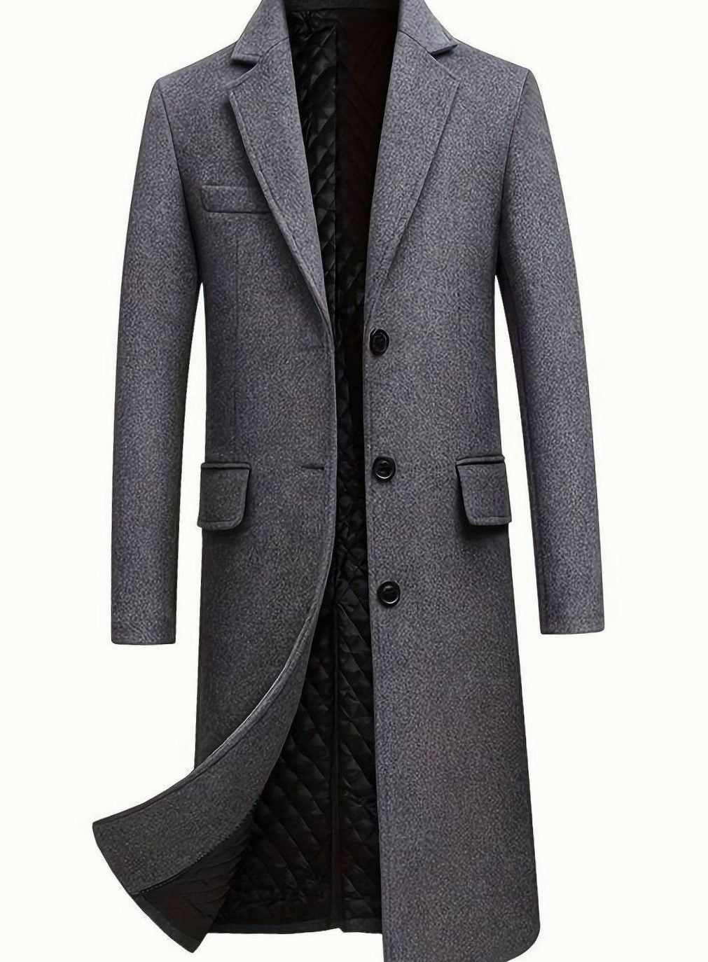 Long Wool Overcoat with Notch Lapel for Men - Grey