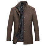 Long Wool Winter Overcoat with Stand Collar for Men - Brown