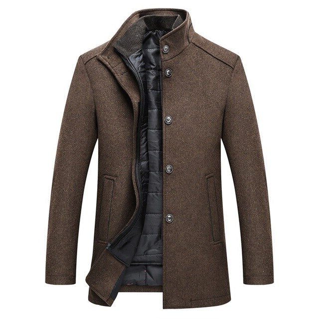 Long Wool Winter Overcoat with Stand Collar for Men - Brown