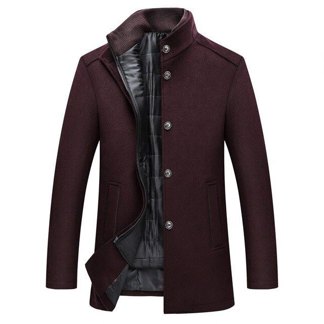 Long Wool Winter Overcoat with Stand Collar for Men