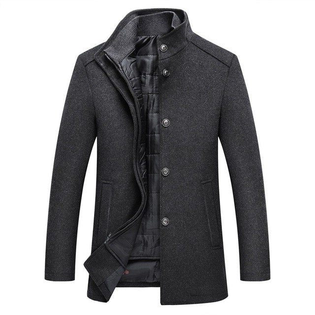Long Wool Winter Overcoat with Stand Collar for Men - Gray