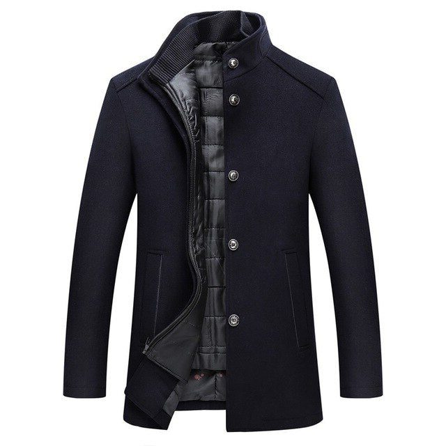 Long Wool Winter Overcoat with Stand Collar for Men - Blue