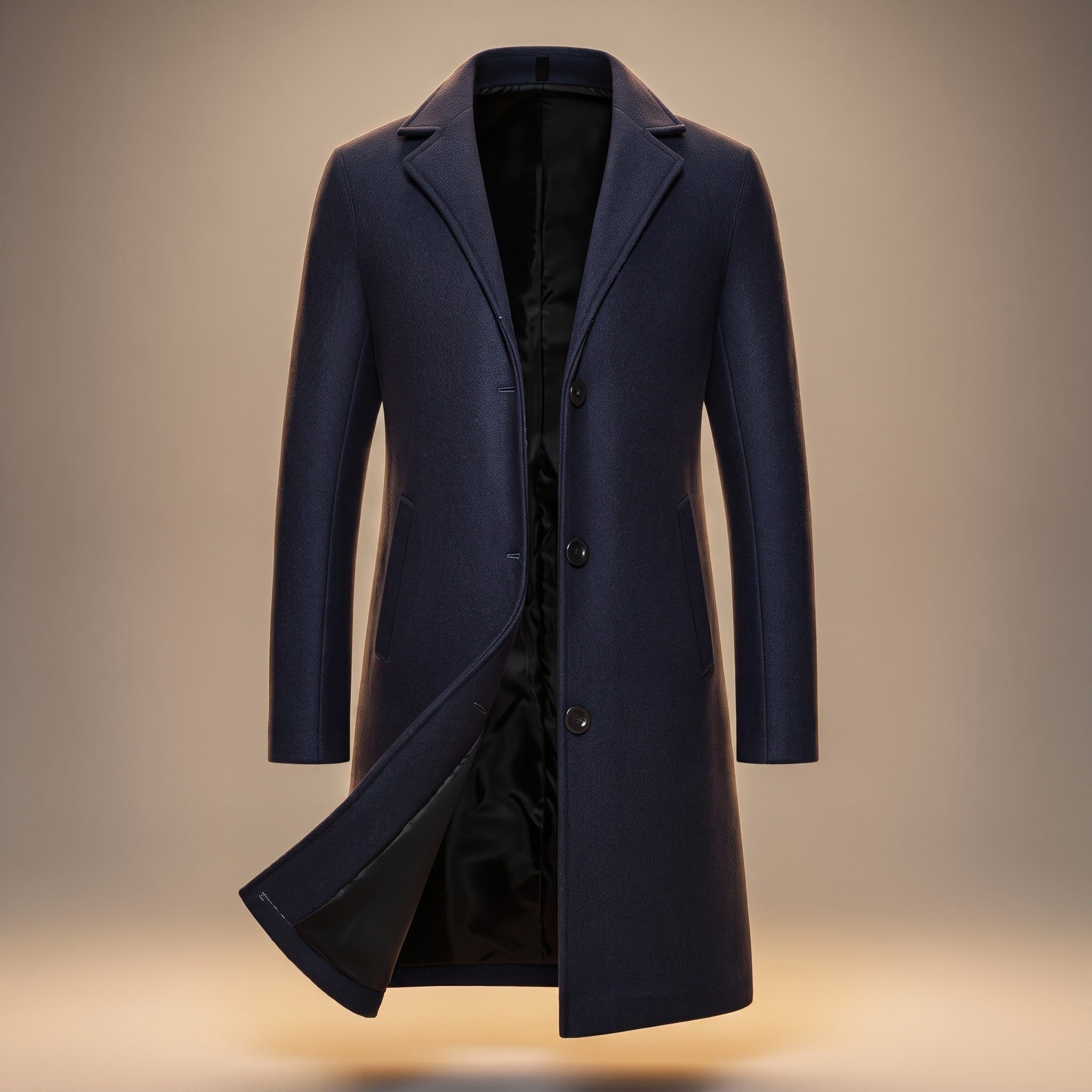 Longline Wool Single-Breasted Overcoat for Men - Navy Blue