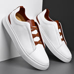 Low Top Pebbled Leather Shoes with Elastic Laces for Men - White / Brown
