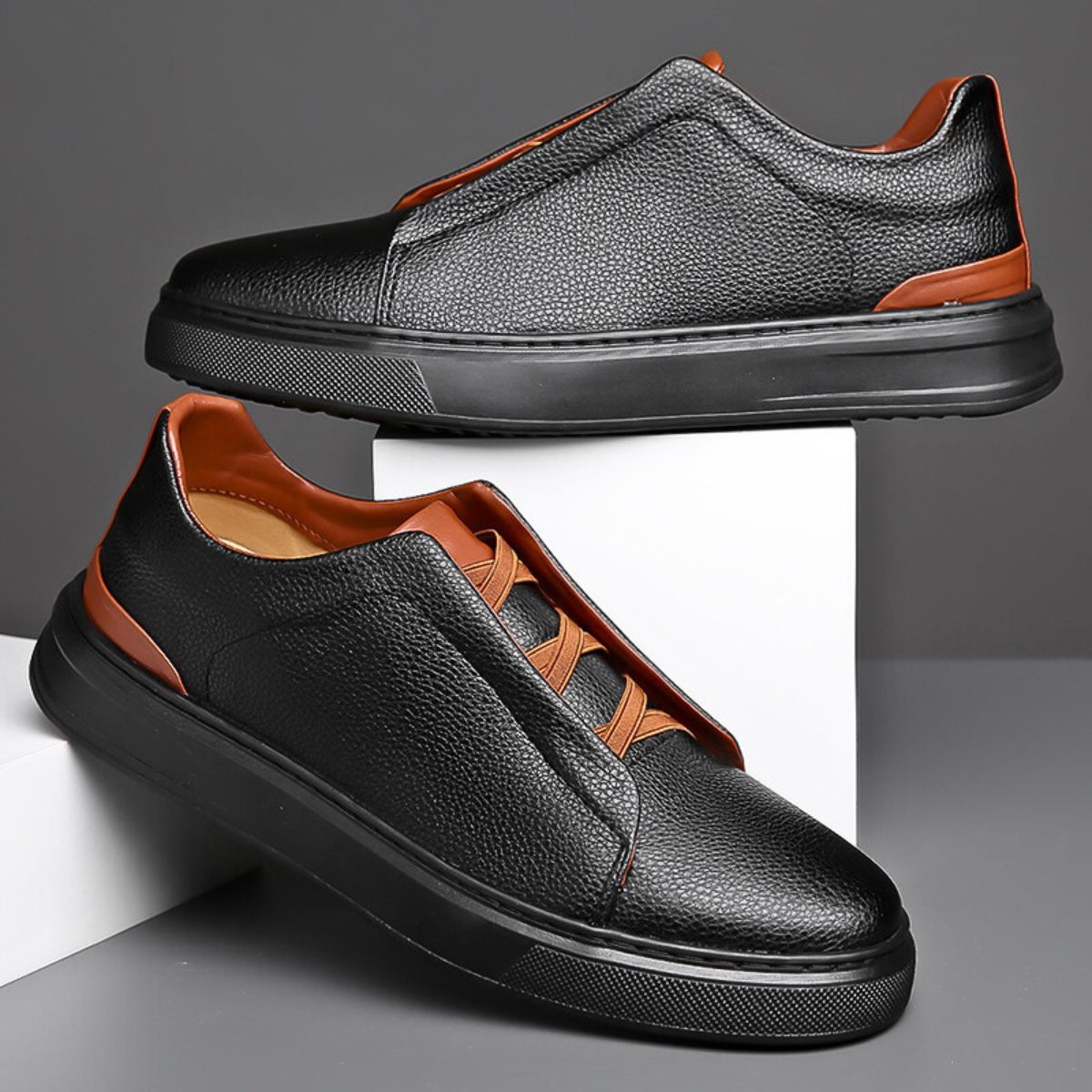 Low Top Pebbled Leather Shoes with Elastic Laces for Men - View 2