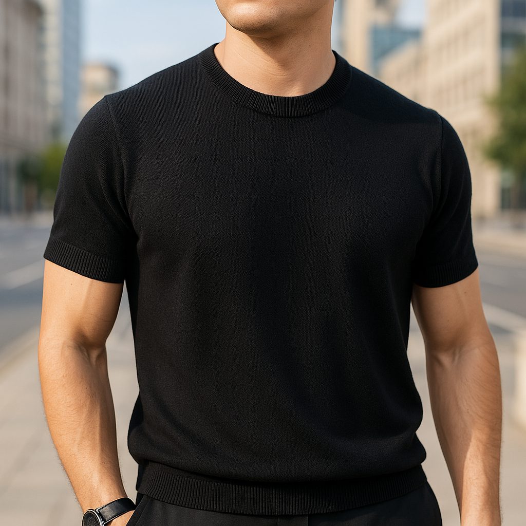 Crew Neck Short Sleeve Merino Cashmere Shirt for Men - Black
