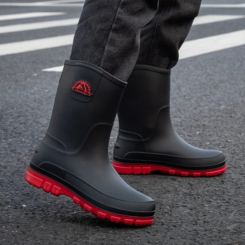 Mid-Calf Slip-Resistant Rain Boots for Men - Red