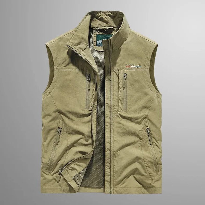 Multi-Pocket Zip-Up Vest for Men - Khaki