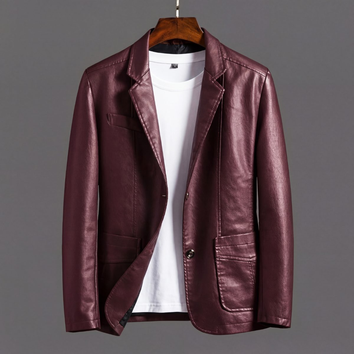 Notched Lapel Two-Button Leather Jacket for Men - Burgundy