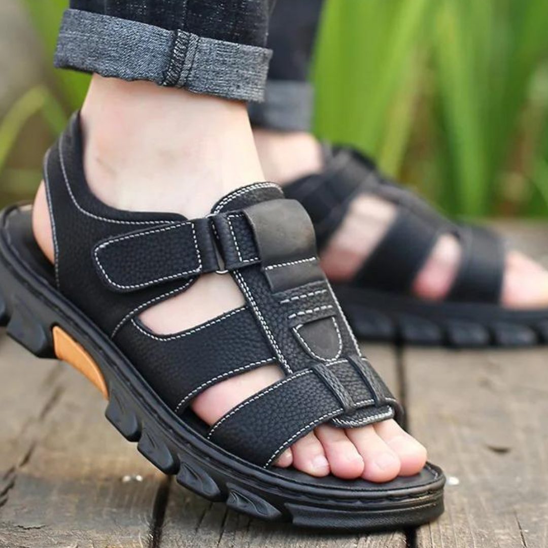 Open Toe Leather Sandals for Men - Black