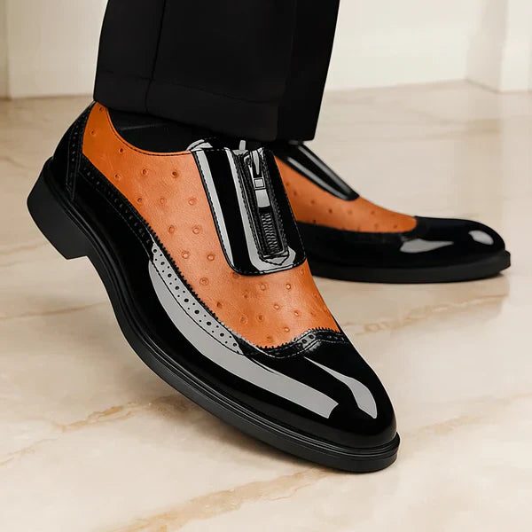 Ostrich Leather Patent Brogue Side Zip Dress Shoes for Men