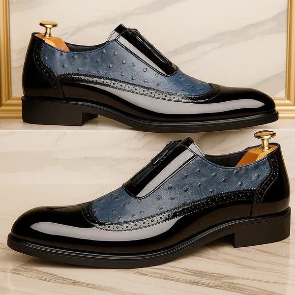 Ostrich Leather Patent Brogue Side Zip Dress Shoes for Men - View 5