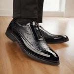 Ostrich Leather Patent Brogue Side Zip Dress Shoes for Men - Black