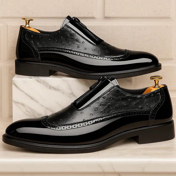 Ostrich Leather Patent Brogue Side Zip Dress Shoes for Men - View 7