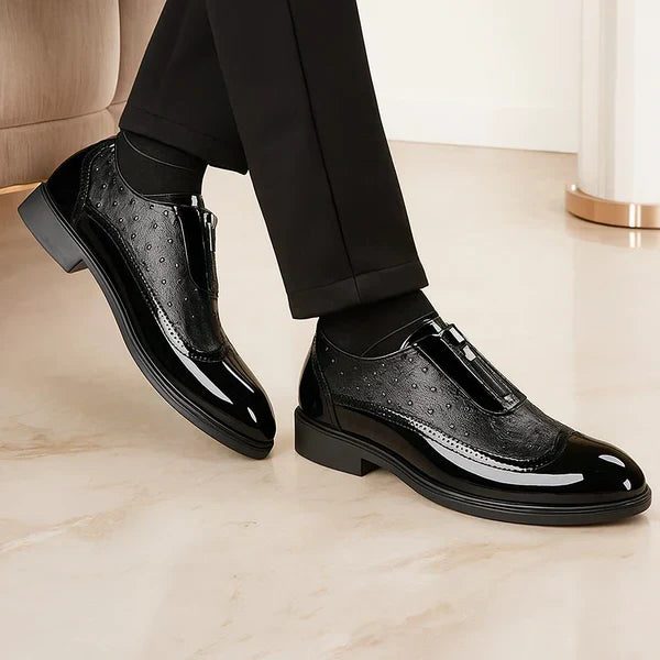 Ostrich Leather Patent Brogue Side Zip Dress Shoes for Men - View 8