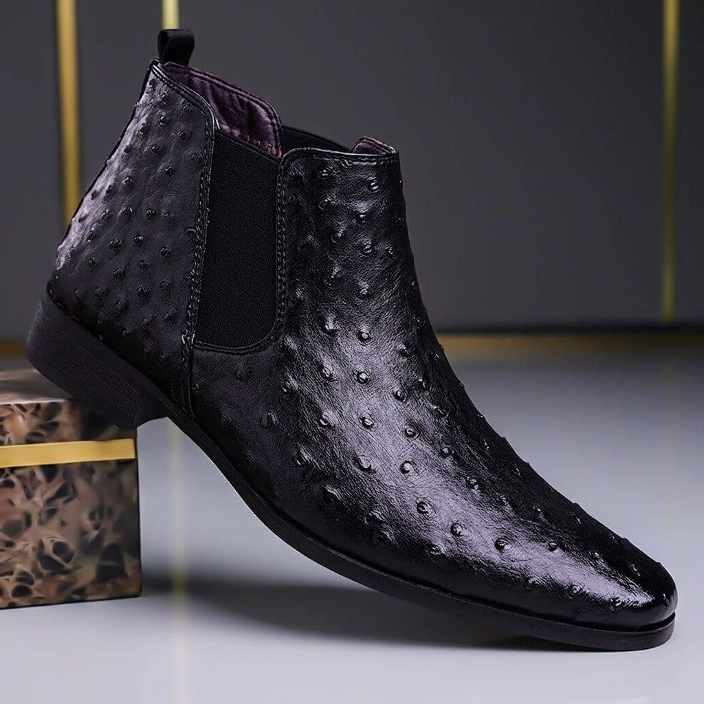 Ostrich Pattern Leather Chelsea Ankle Boots for Men - Obsidian Black
