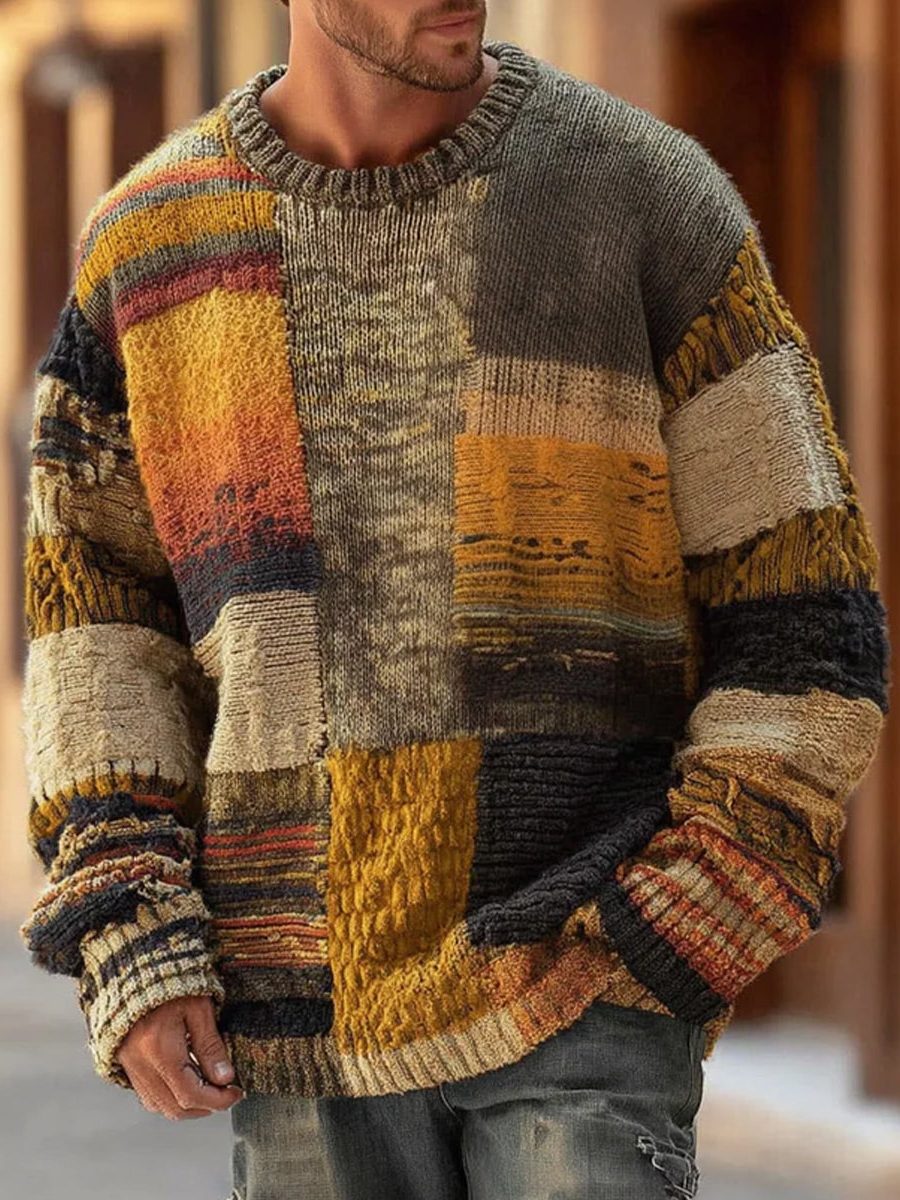 Oversized Crew Neck Knit Sweater with Abstract Print for Men