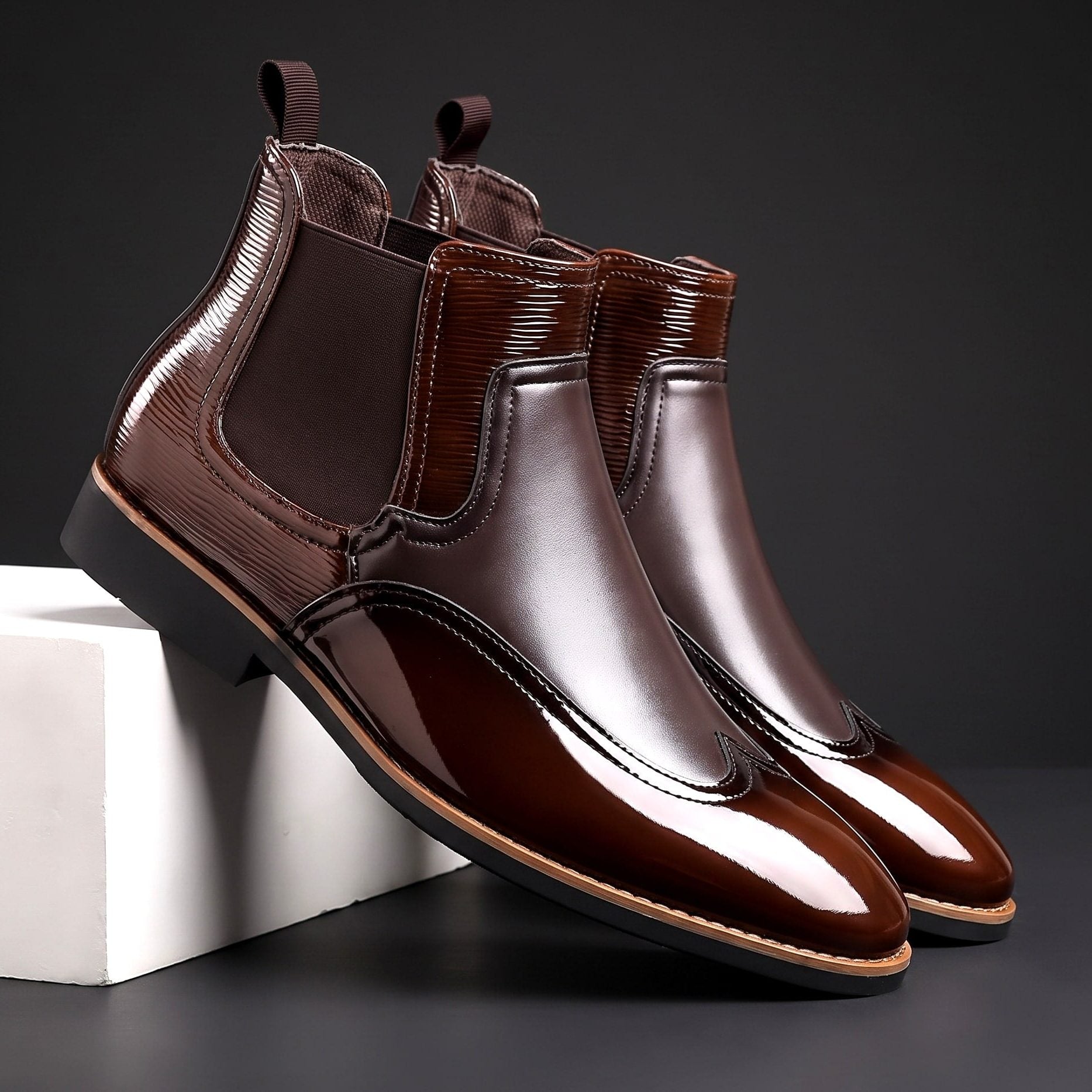 Patent Leather Pointed Toe Chelsea Boots with Elastic Side Panels for Men