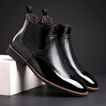 Patent Leather Pointed Toe Chelsea Boots with Elastic Side Panels for Men - Black