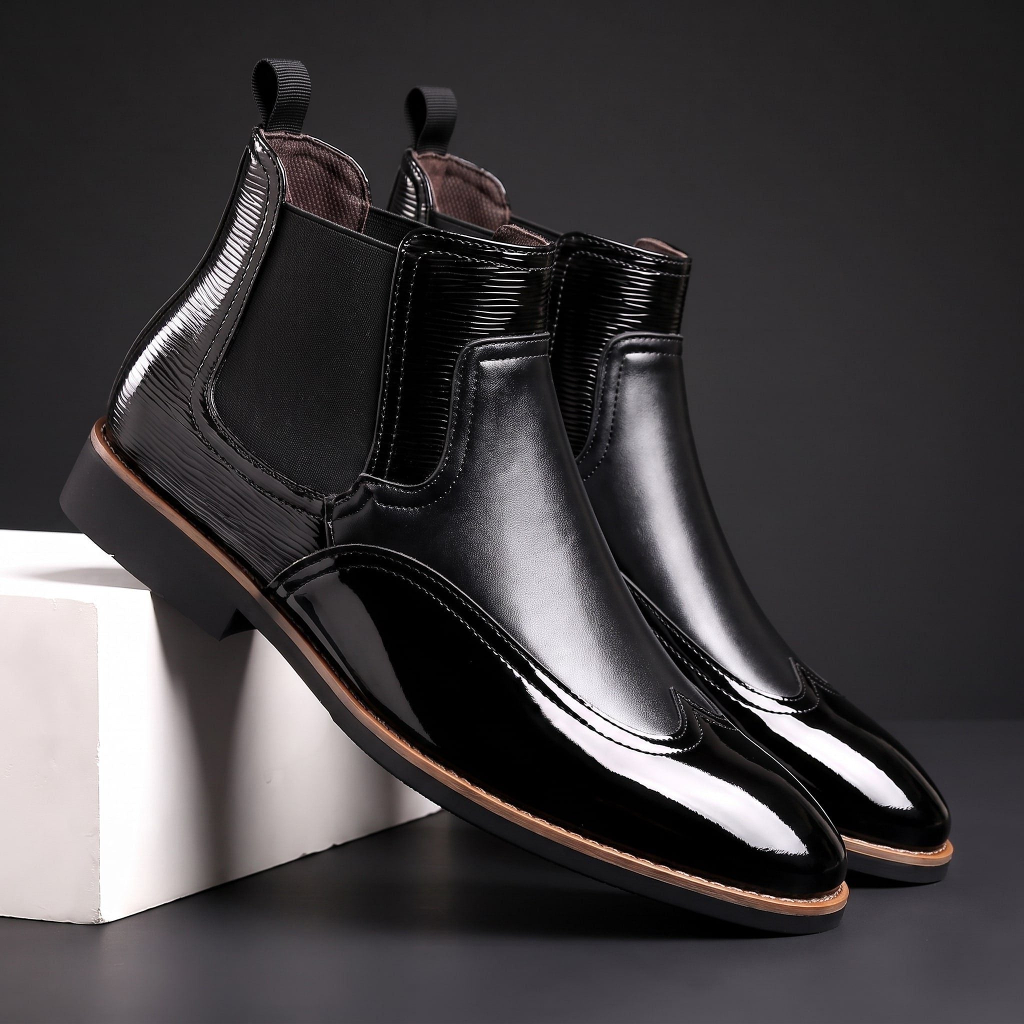 Patent Leather Pointed Toe Chelsea Boots with Elastic Side Panels for Men - Black