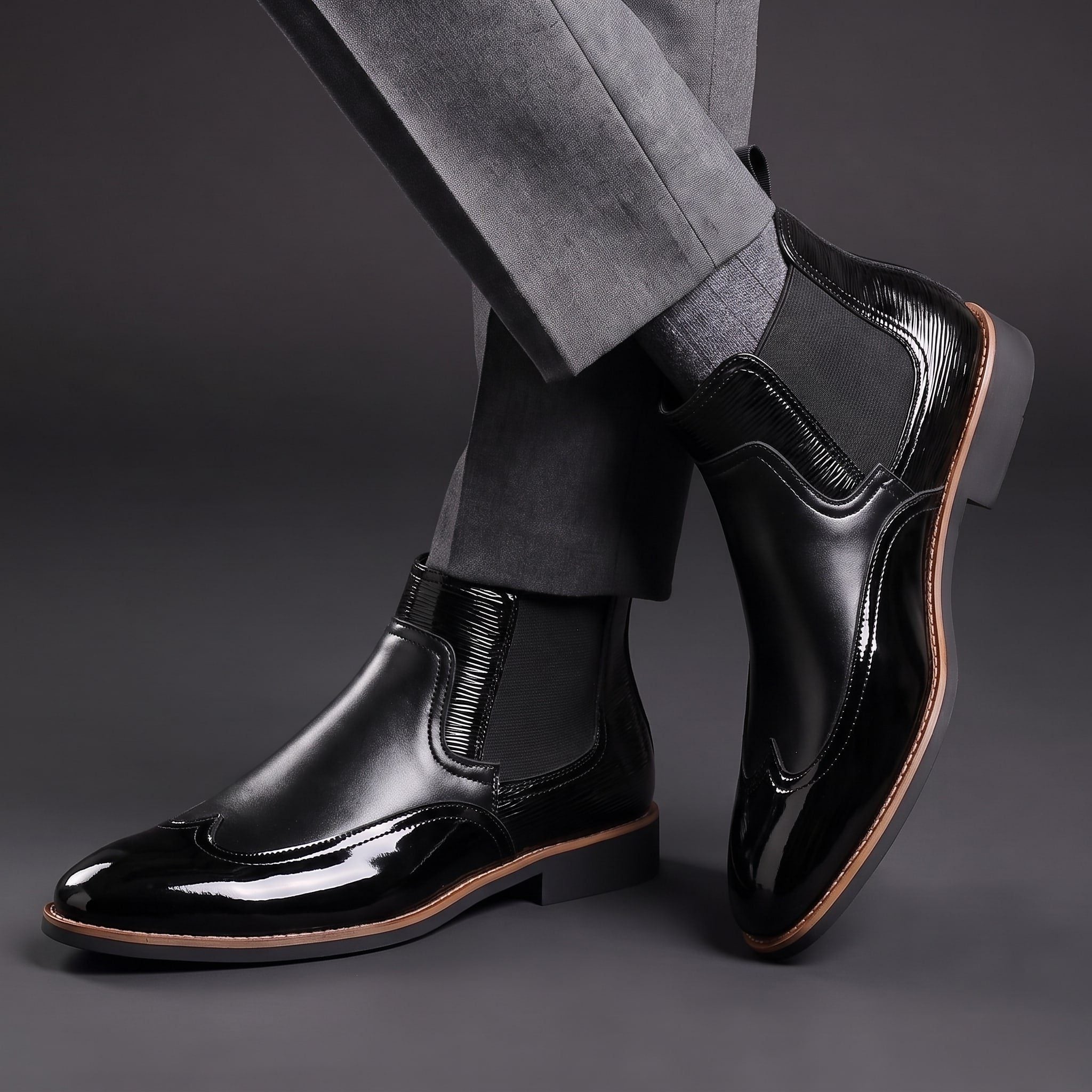 Patent Leather Pointed Toe Chelsea Boots with Elastic Side Panels for Men - View 6