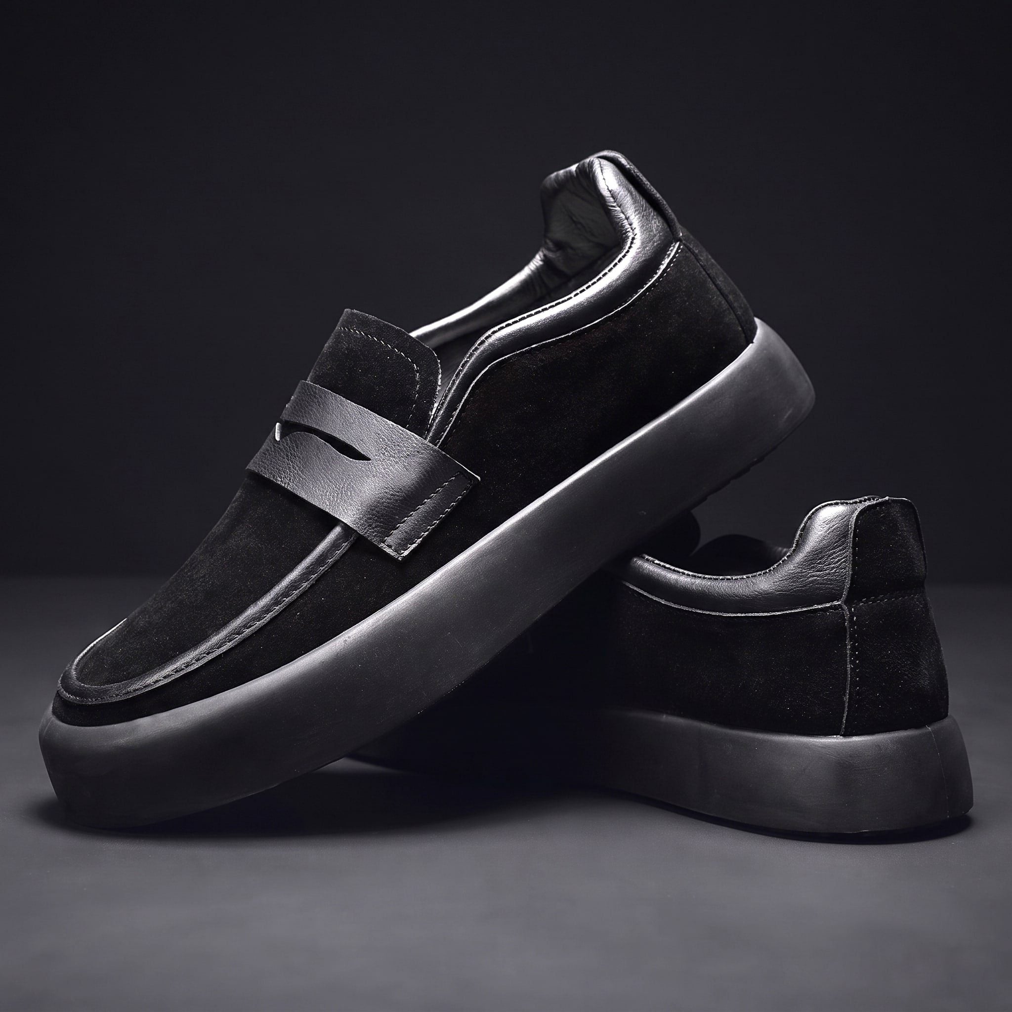 Penny Strap Microsuede Chunky Sole Loafers for Men - Black