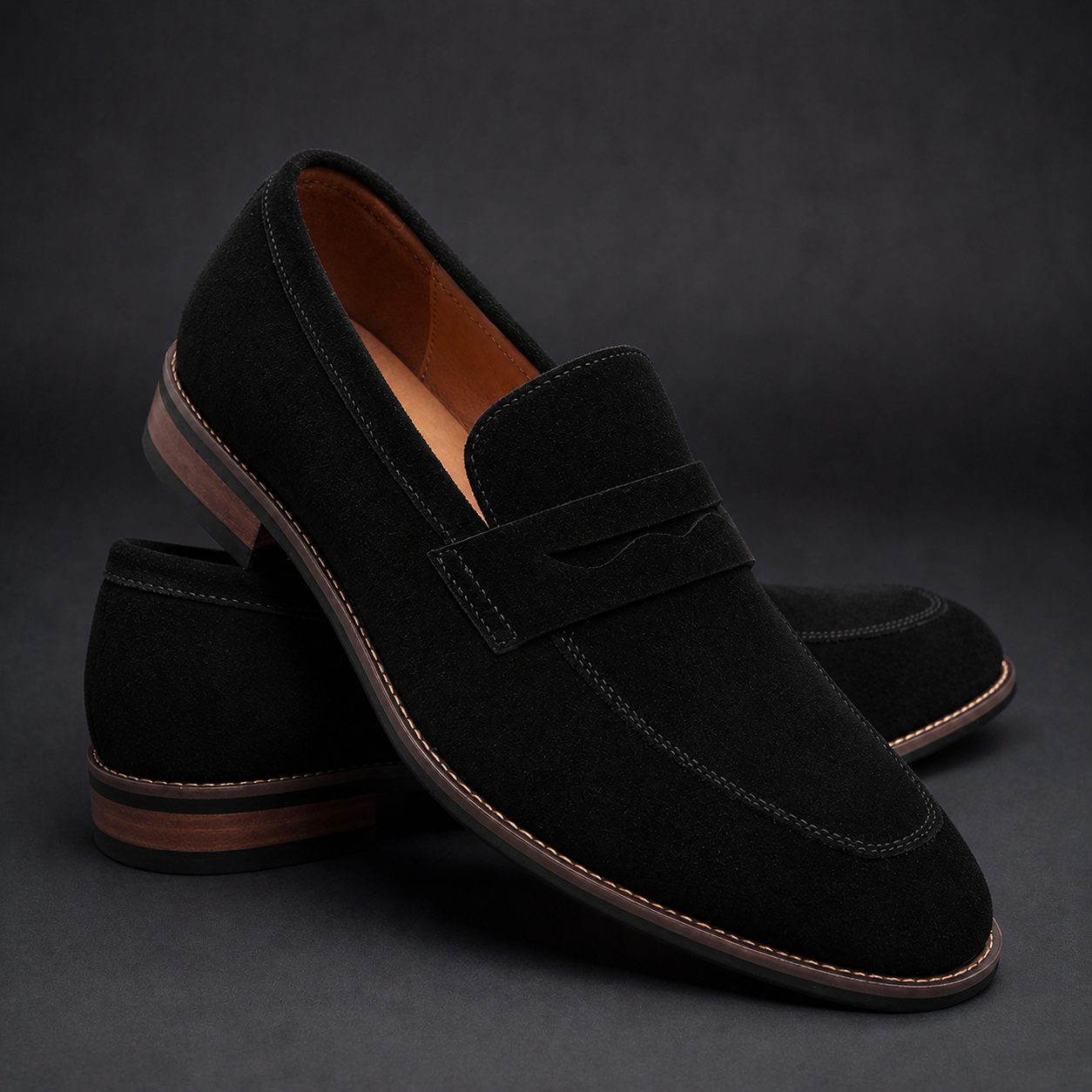 Penny Strap Nubuck Leather Loafers for Men - Black